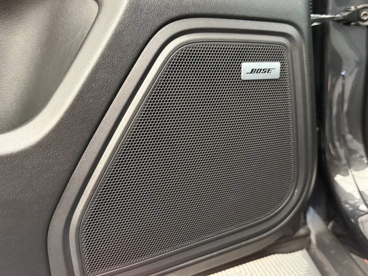 Gros plan sur le haut-parleur Bose intégré dans la porte côté droit d’un Porsche Macan gris foncé.