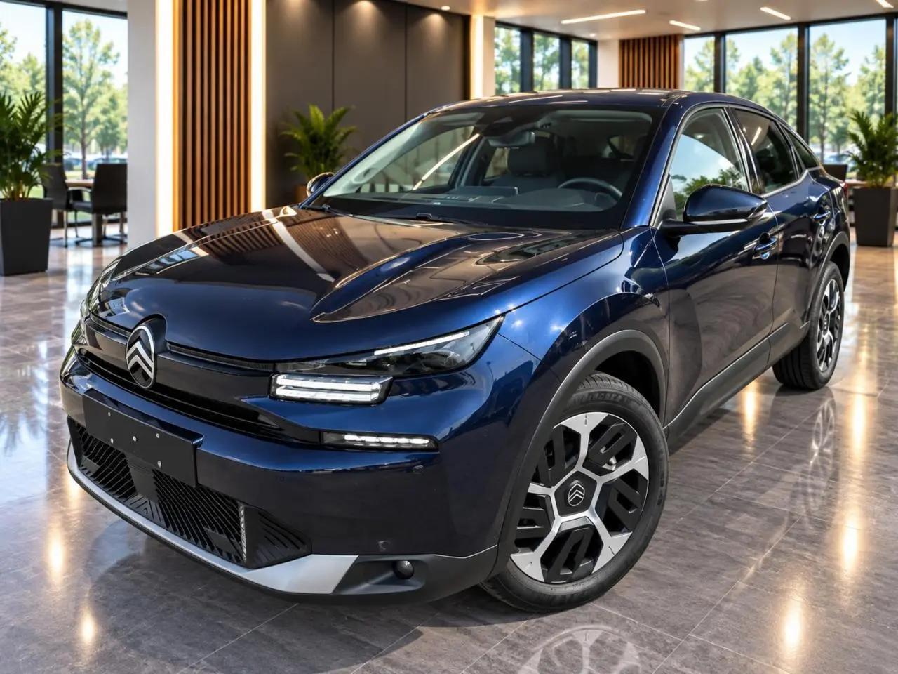 Citroën C4 1,2 Hybrid 2025 bleu eclipse vue 3/4 avant en intérieur avec jantes distinctives et éclairage LED.