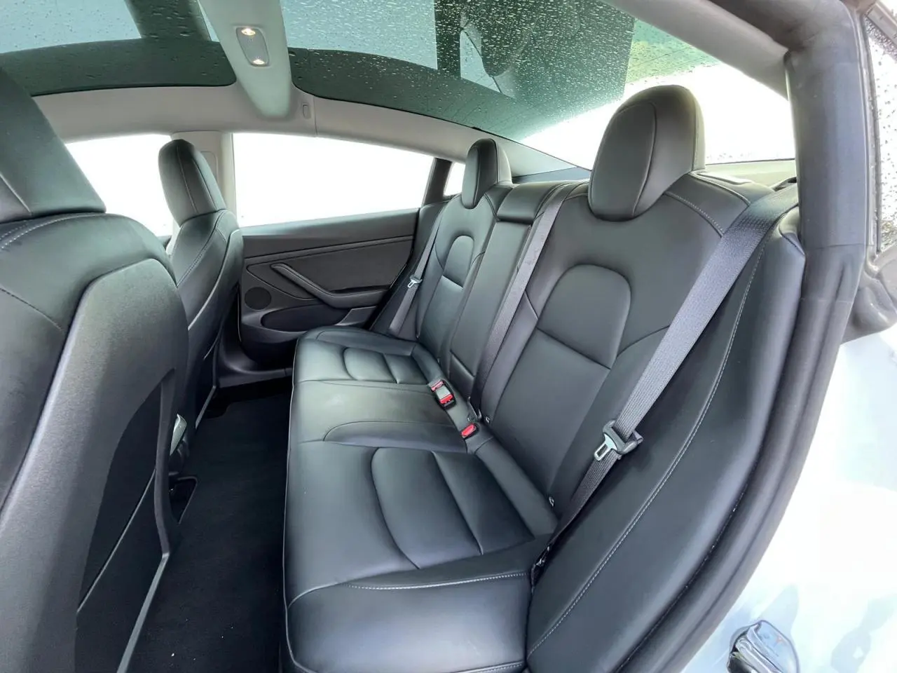 Vue intérieure arrière droite de la Tesla Model 3 Standard Plus blanche, sièges en cuir noir et toit panoramique en verre.