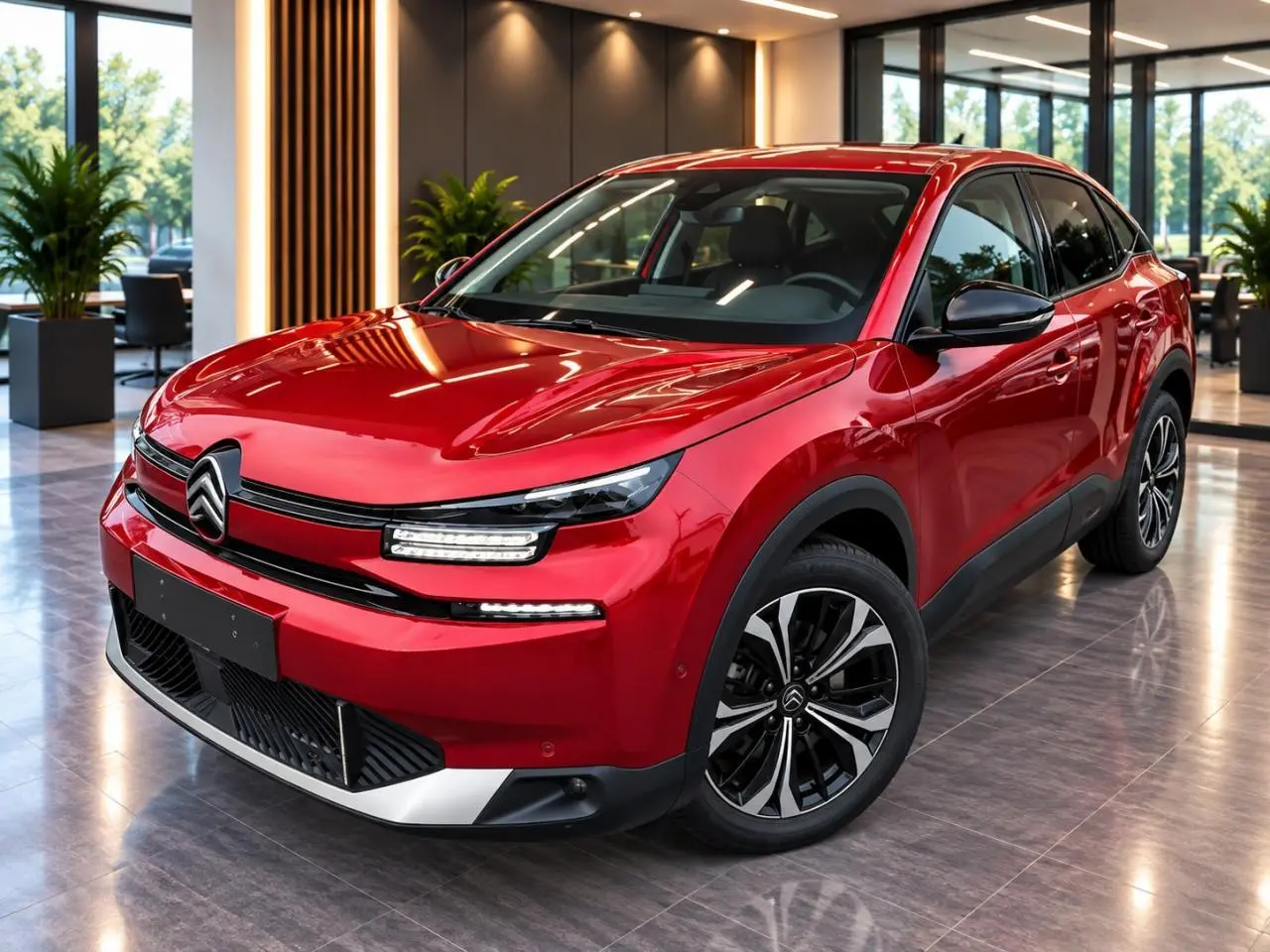 Citroën C4 1,2 Hybrid 2025 rouge elixir en 3/4 avant droit, avec jantes noires et détails noirs contrastants.