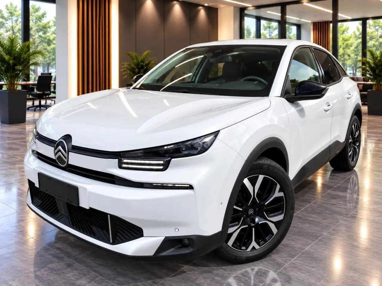 Citroën C4 2025 blanc okenite vue 3/4 avant droit, avec phares LED et jantes noires bicolores distinctives.
