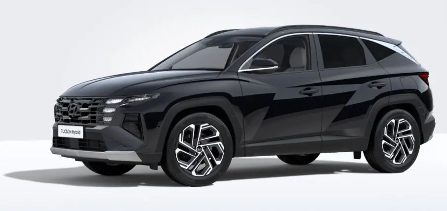 Vue 3/4 avant droite du Hyundai Tucson 2026 noir, mettant en valeur ses jantes modernes et sa calandre distinctive.