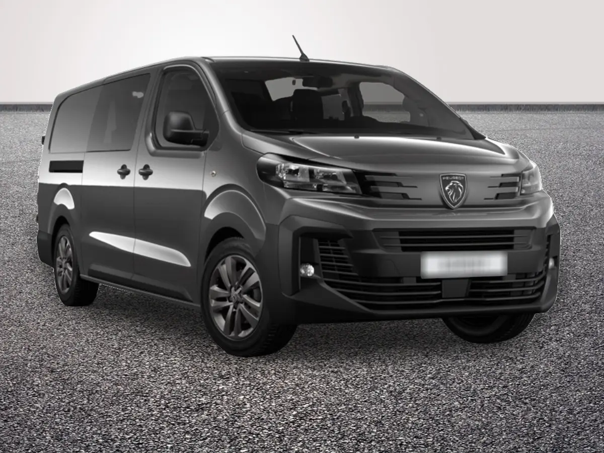 Vue 3/4 avant droit du Peugeot Expert Fourgon XL gris foncé avec calandre distinctive et phares modernes.