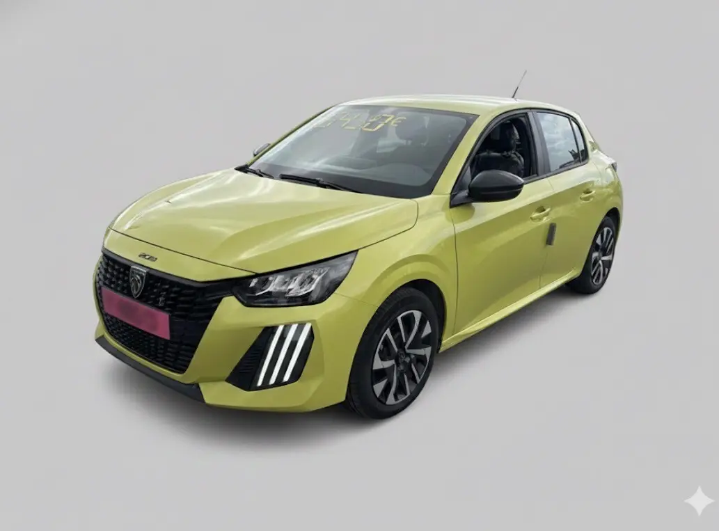 Peugeot 208 jaune vue 3/4 avant droit, avec calandre noire et feux diurnes à LED verticaux distinctifs.