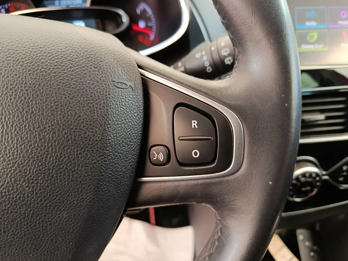 Gros plan sur le volant cuir de la Renault Clio Intens 2018 avec commandes vocales et tableau de bord partiellement visible.