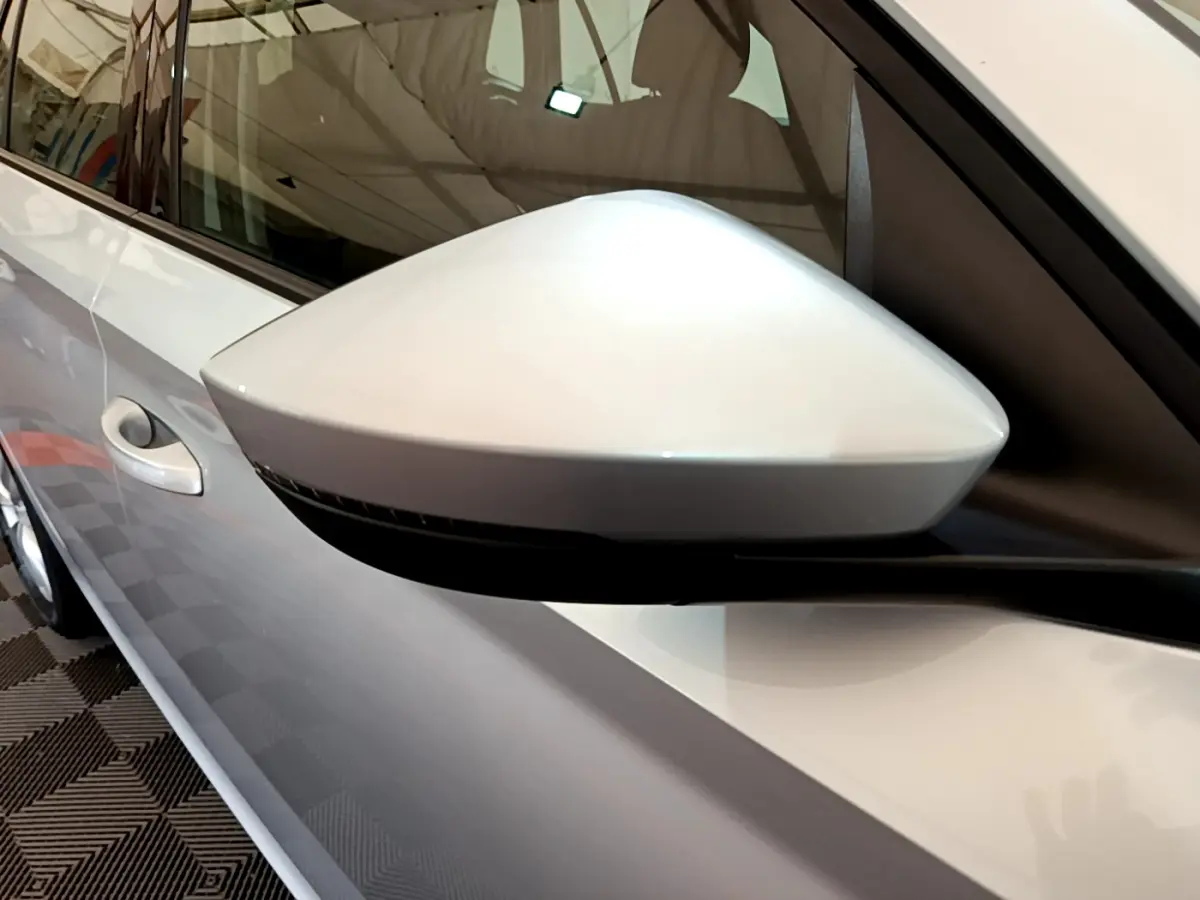 Rétroviseur côté gauche gris clair du Skoda Kamiq 2022, avec poignée de porte et partie de la carrosserie visibles.
