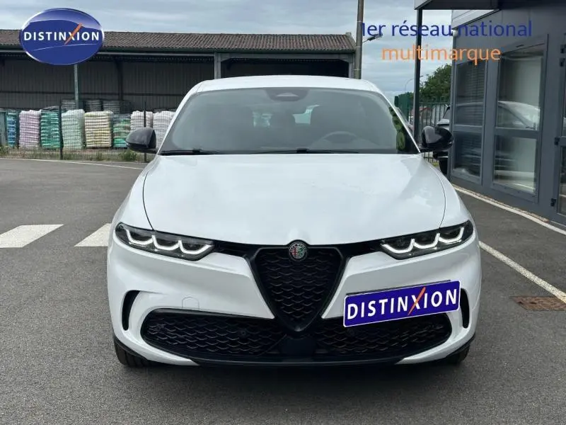Vue avant d'une Alfa Romeo Tonale blanche Monterosa Pastel avec calandre noire et phares LED distinctifs.