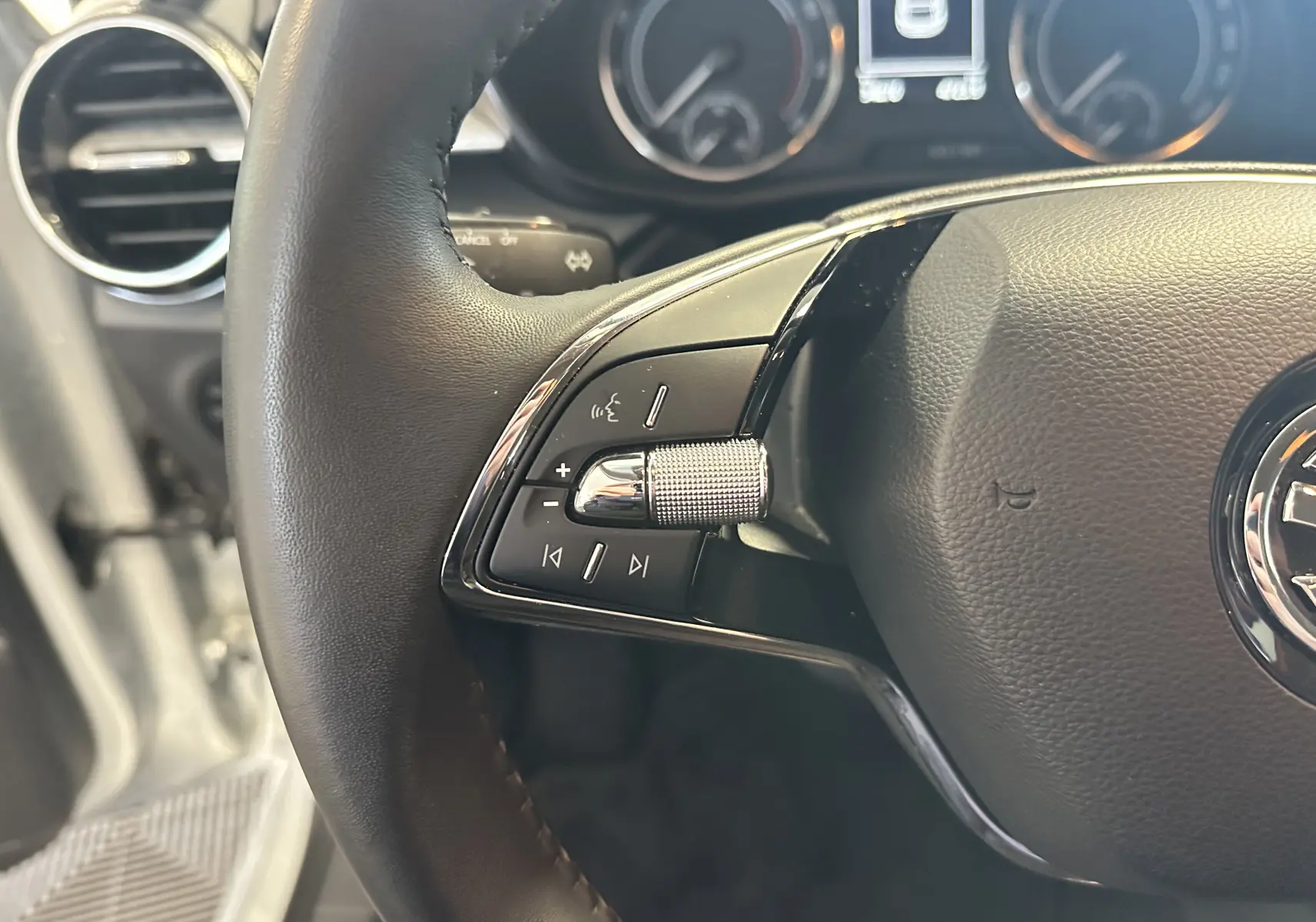 Gros plan sur le volant de la Skoda Fabia 2023 gris argent, montrant les commandes audio et le tableau de bord flou.