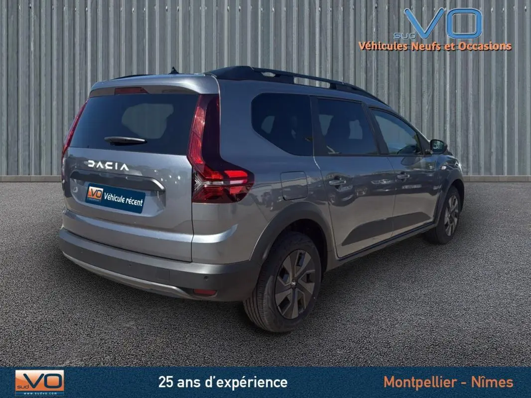 Vue 3/4 arrière droite d'un Dacia Jogger gris avec barres de toit et feux arrière distinctifs, stationné sur sol goudronné.