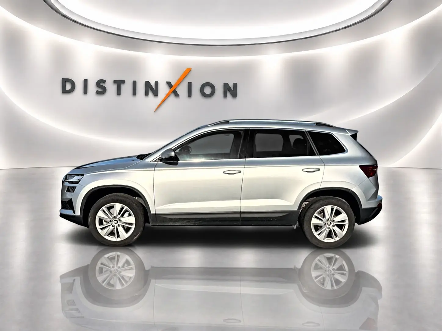 Profil droit d'un Skoda Karoq gris 2025 dans un showroom lumineux avec logo Distinxion en arrière-plan.