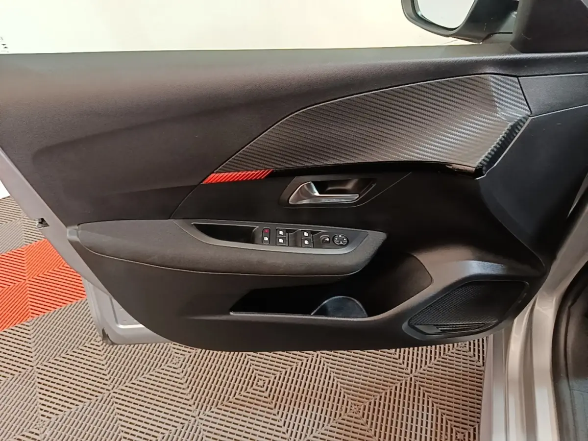 Vue intérieure côté gauche de la porte avant gris clair d'une Peugeot 208 avec insert effet carbone et commandes électriques.
