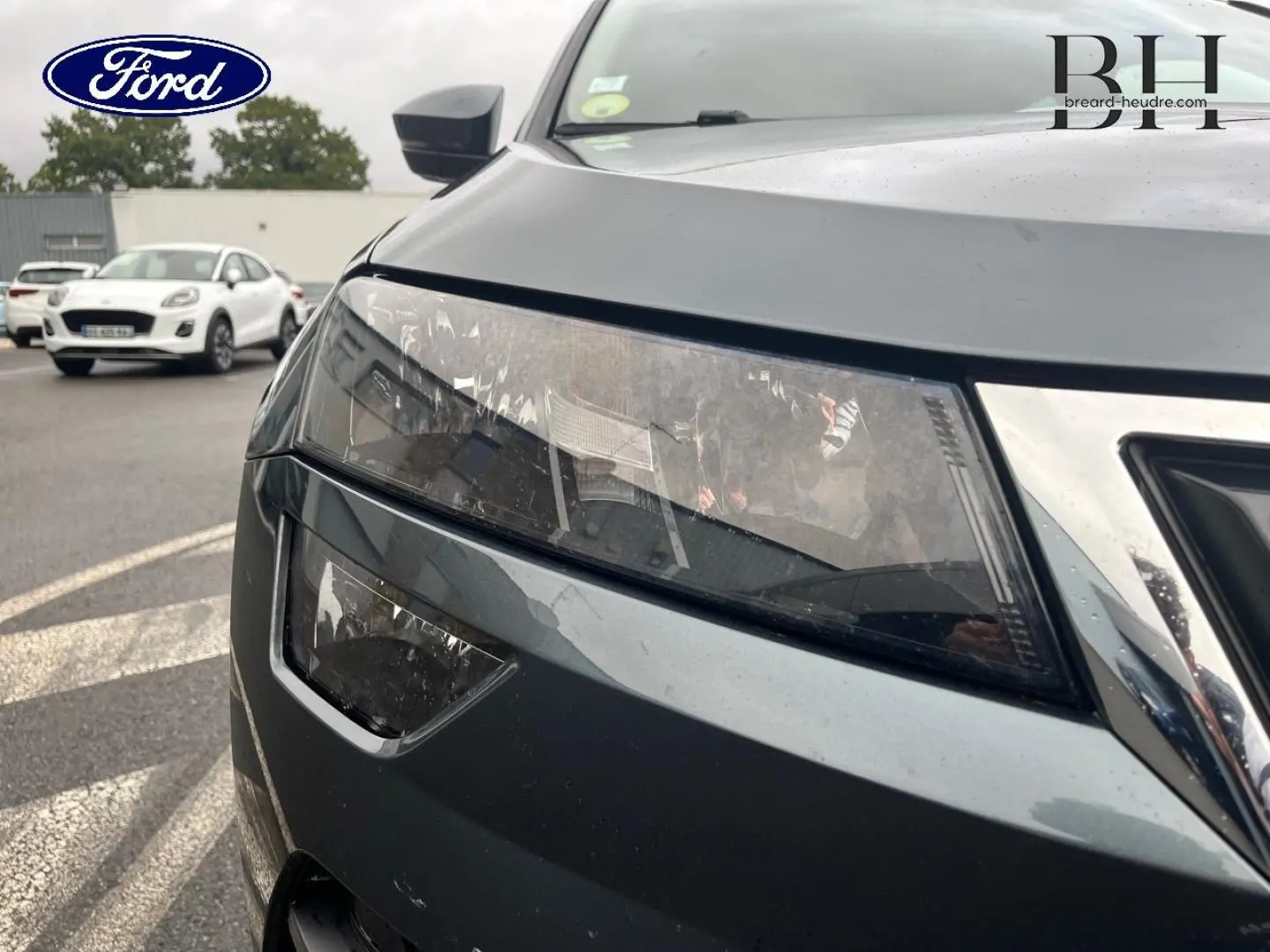 Gros plan sur le phare avant gauche du Skoda Karoq gris Business, avec calandre chromée visible sur fond extérieur.