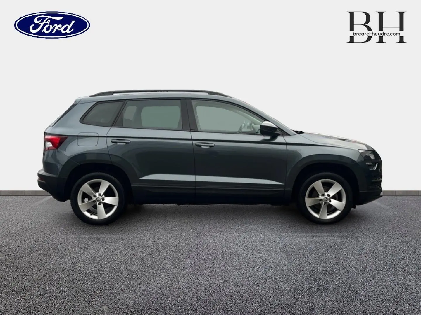 Vue de profil côté gauche d'un Skoda Karoq gris Business avec jantes alliage cinq branches sur fond neutre.