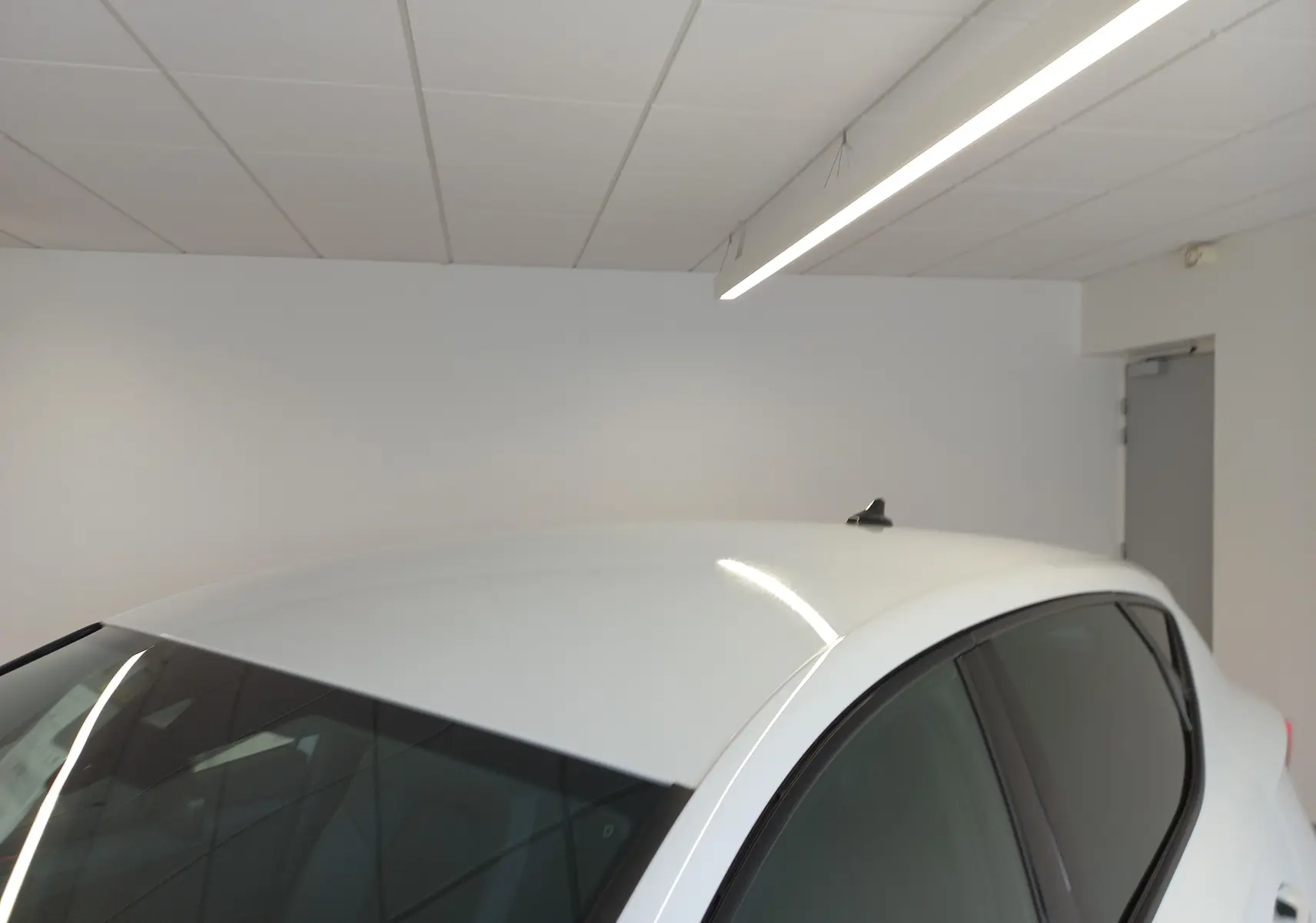 Vue partielle du toit blanc métallisé et de la partie supérieure des vitres teintées d'une CUPRA Leon Phase 2 2025.