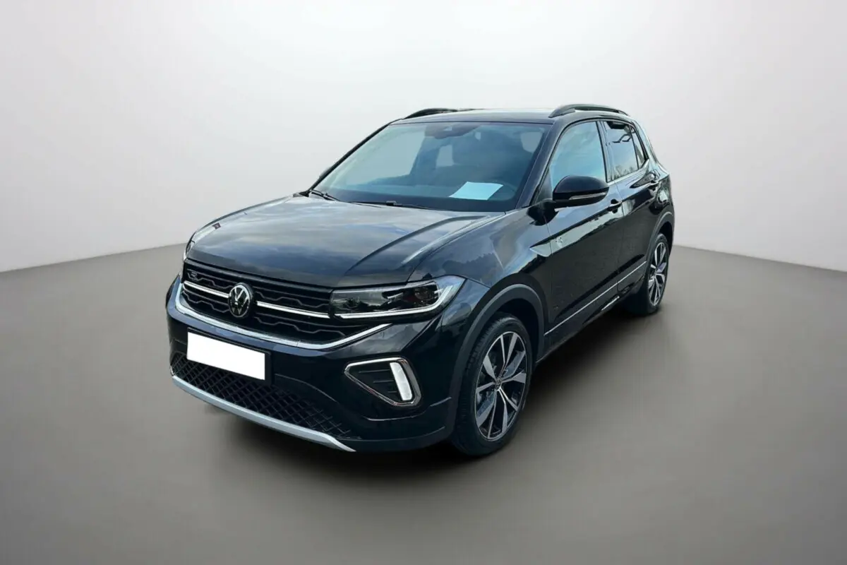 Volkswagen T-Cross TSI 116 DSG7 R-Line noir intense, vue 3/4 avant droit avec jantes alu 18 pouces et barres de toit.