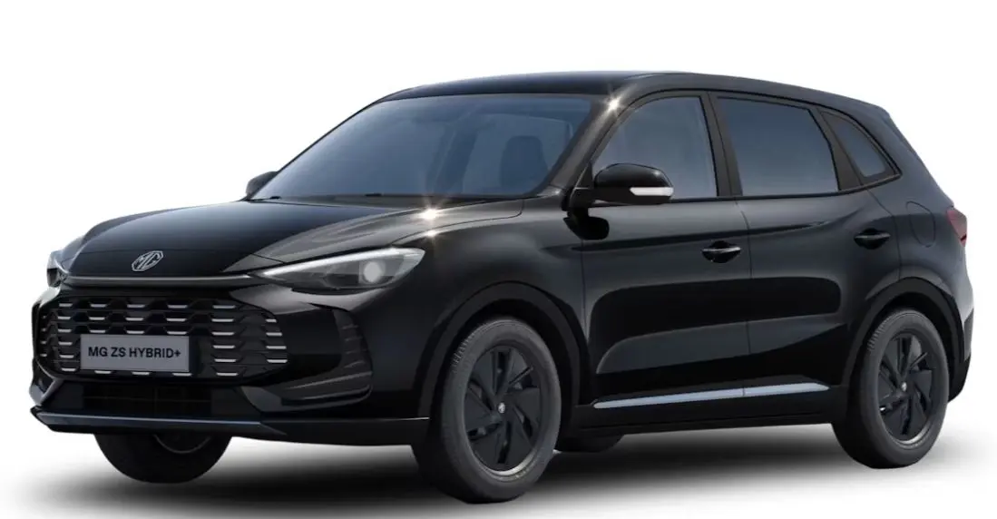 MG ZS 1.5L Hybrid+ 2026 en Pebble Black Metal, vue 3/4 avant droit avec calandre noire distinctive.