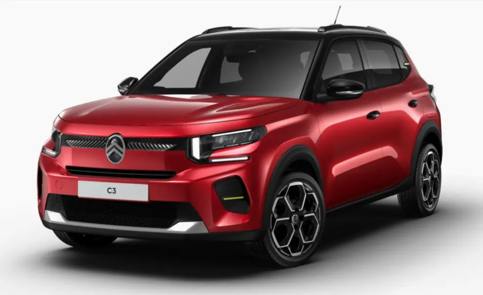 Citroën C3 hybride rouge vue 3/4 avant droit, avec toit noir et jantes au design hexagonal.