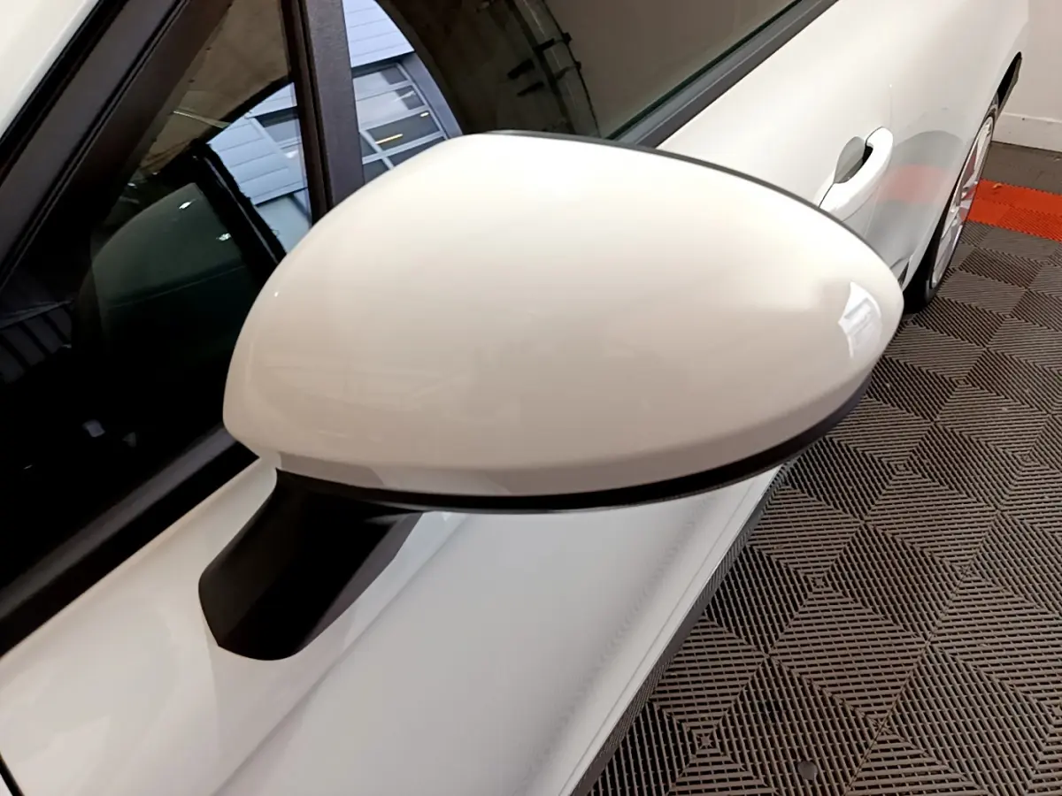 Rétroviseur blanc côté gauche de la Renault Clio Business TCe 90 2021, vue rapprochée sur porte et poignée