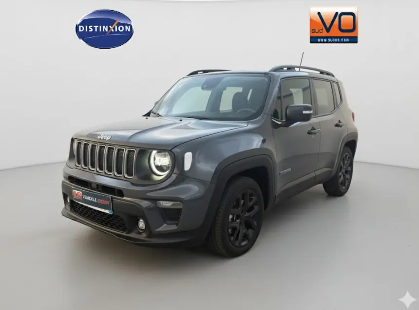 Jeep Renegade gris anthracite vue 3/4 avant droit avec barres de toit et jantes alliage noires.
