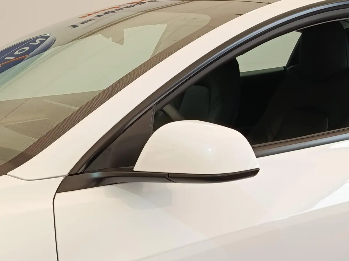 Gros plan sur le rétroviseur côté gauche d'une Tesla Model 3 blanche avec intérieur noir visible par la fenêtre ouverte.