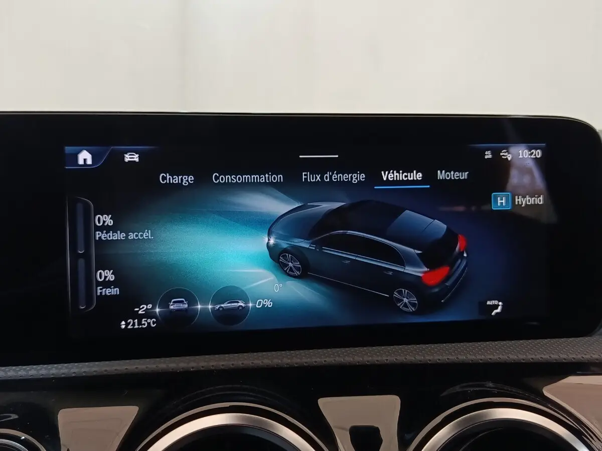 Écran tactile intérieur montrant une vue 3D latérale droite d’une Mercedes GLA 250 e hybride gris foncé.