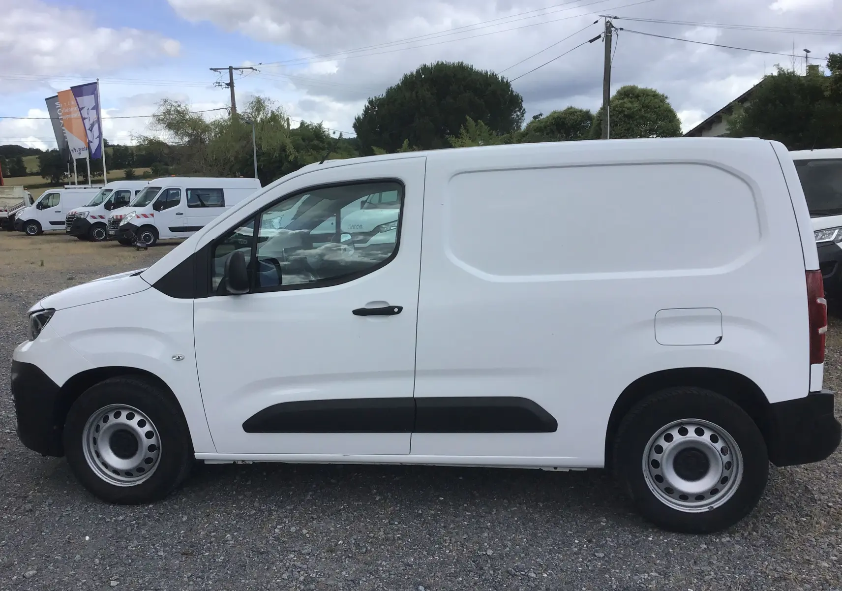 Vue de profil côté gauche d’un utilitaire blanc Peugeot Partner 2022 avec protections noires sur les portières.