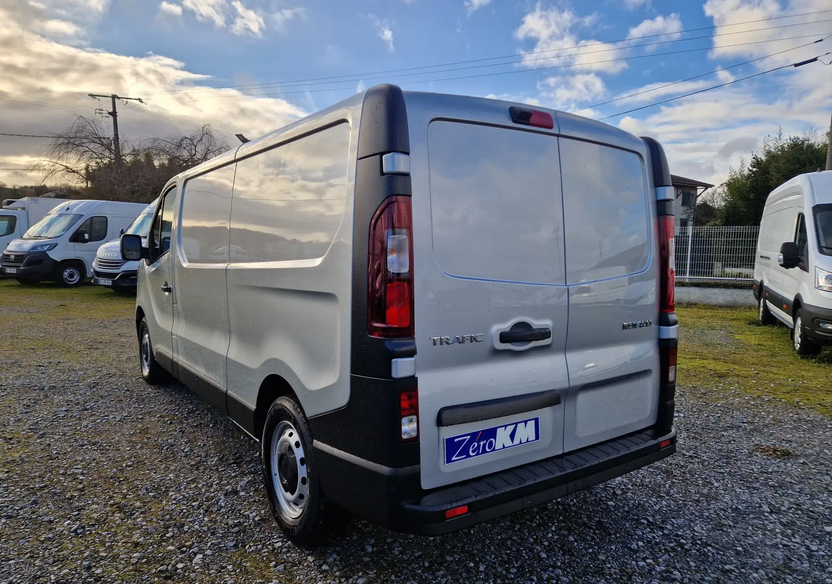 Vue 3/4 arrière droite du Renault Trafic Fourgon gris Highland, avec portes arrière fermées et feux arrière visibles.