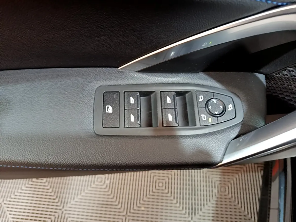 Vue rapprochée des commandes de lève-vitres et rétroviseurs sur la porte côté conducteur d'un BMW X1 noir.