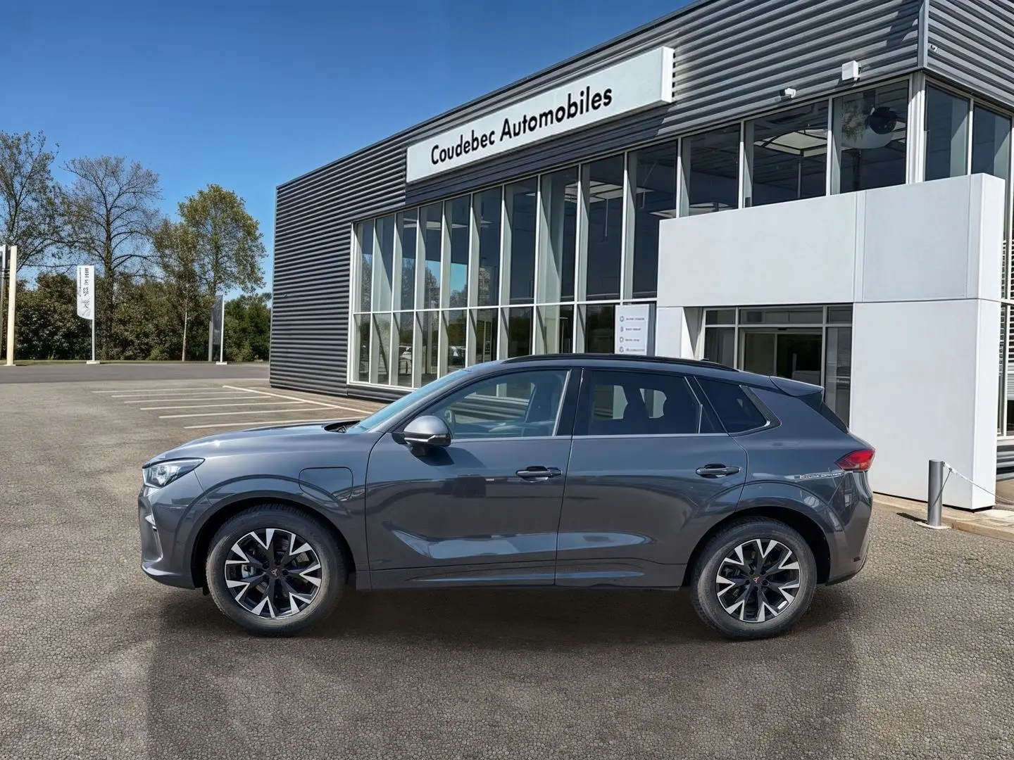 Vue de profil côté gauche d'un CUPRA TERRAMAR gris 2025 garé devant un bâtiment vitré de concession.