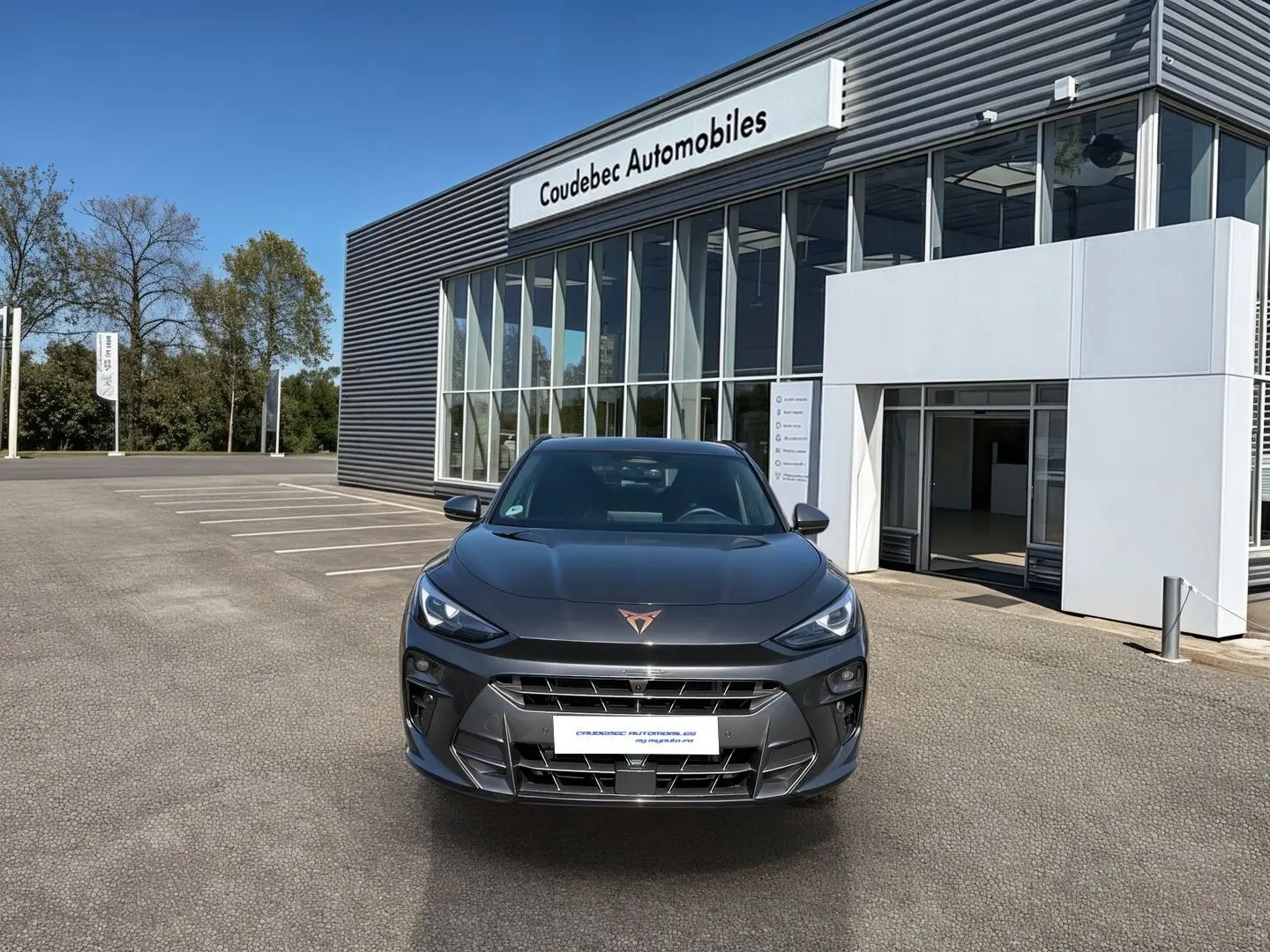 Vue avant d'une CUPRA TERRAMAR 1.5 eHybrid grise stationnée devant un showroom avec logo cuivré sur le capot.