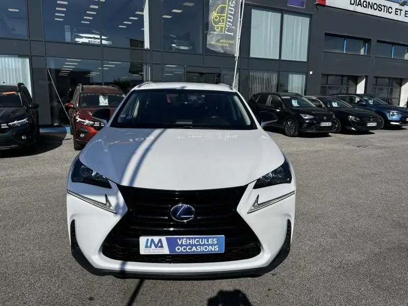 Lexus NX 300H blanc nacré vue de face, calandre noire distinctive et phares LED anguleux visibles.