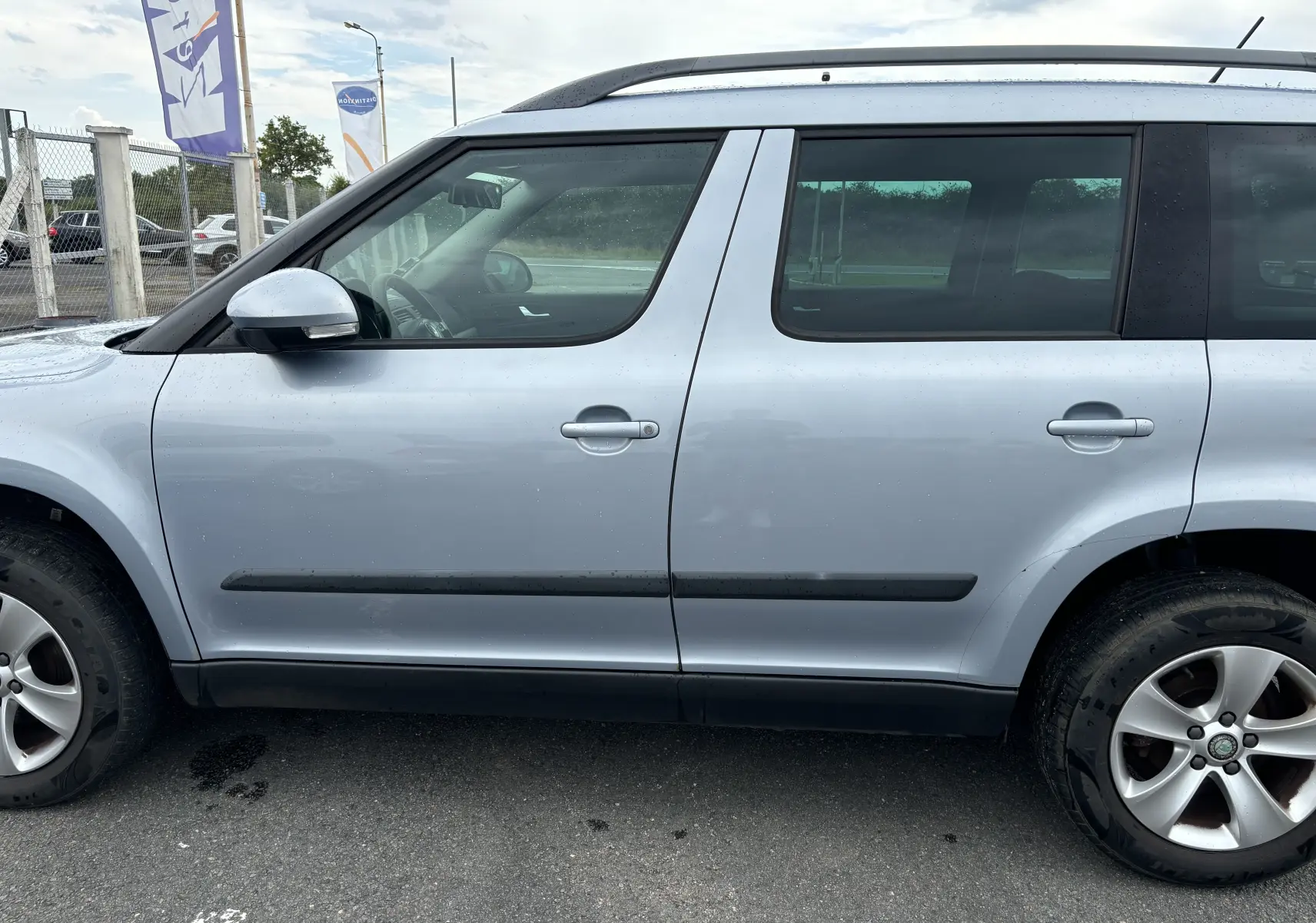 Profil côté gauche d'un Skoda Yeti gris 2012, version Ambition, avec jantes alliage et barres de toit noires.
