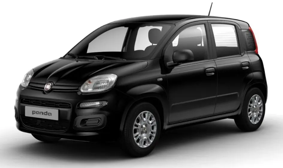 Vue 3/4 avant droite d'une Fiat Panda noire 2025, compacte avec phares arrondis et jantes acier blanches.