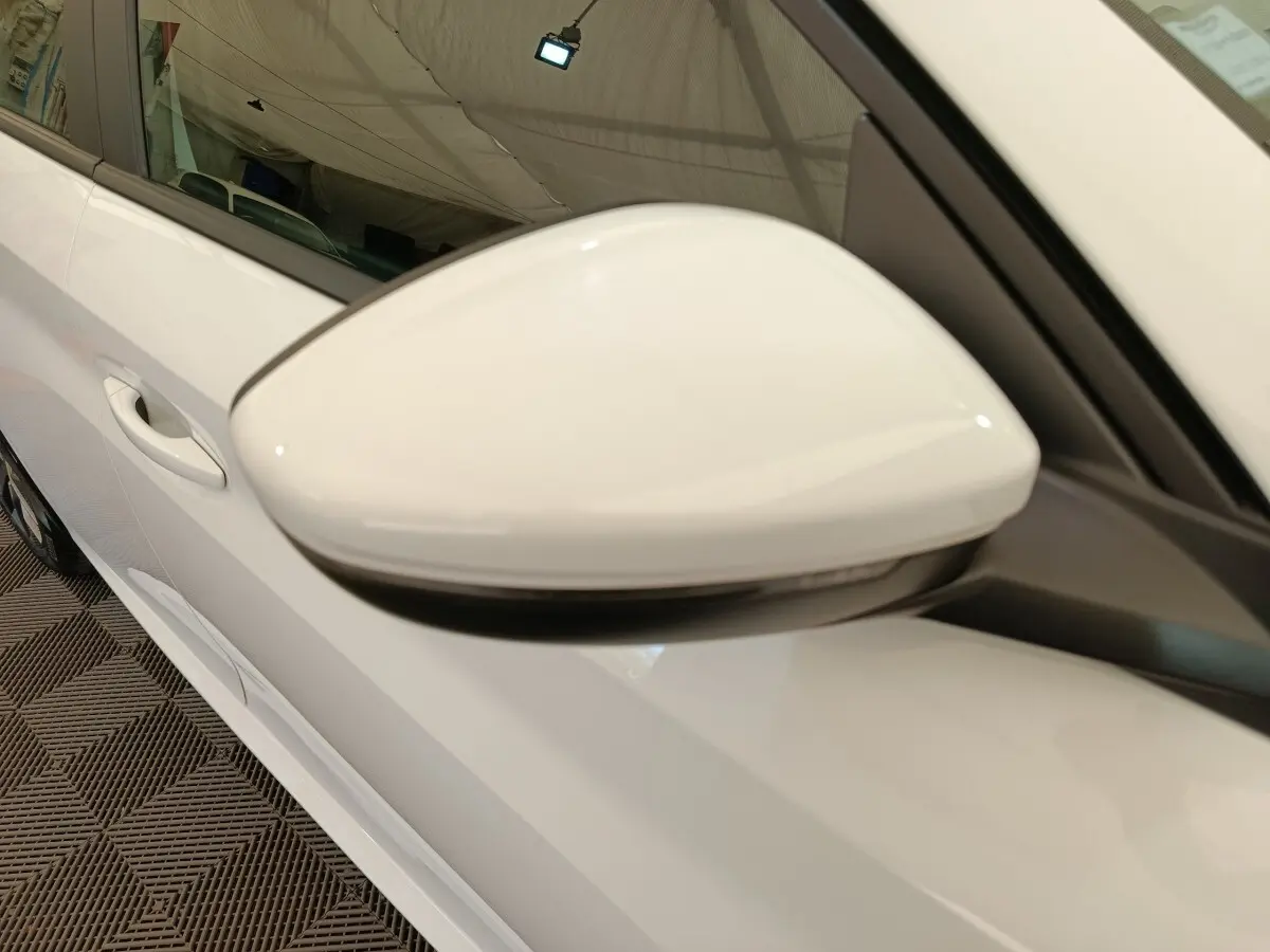 Rétroviseur côté gauche blanc de la Peugeot 208 électrique Active Business R 2021, vue rapprochée sur la portière.