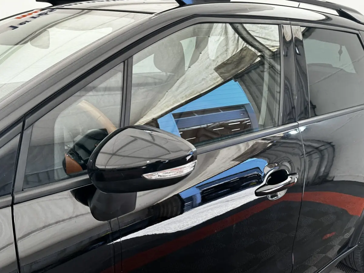 Vue rapprochée du côté gauche avant d'une Citroën C3 Aircross noire, mettant en valeur la poignée et le rétroviseur avec clignotant intégré.