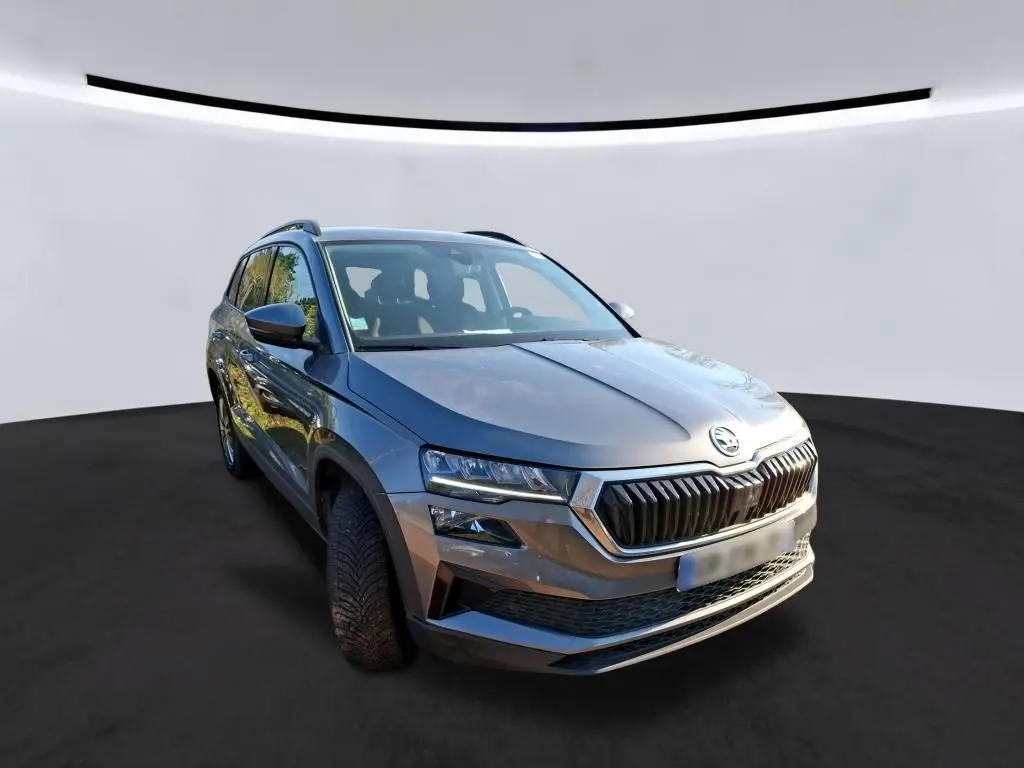 Vue 3/4 avant droite d'un Skoda Karoq gris 2023 avec calandre noire et jantes alu 17 pouces visibles.