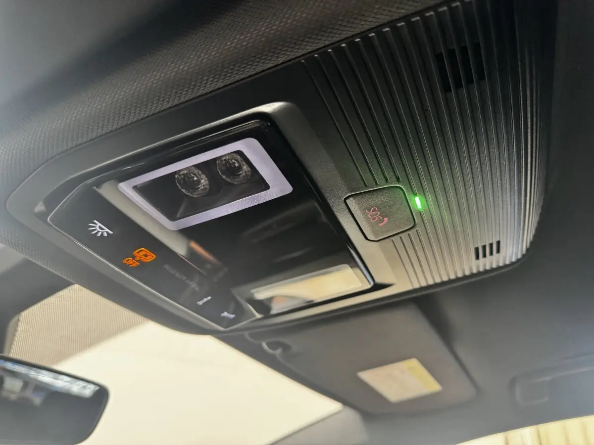 Vue intérieure en gros plan du plafonnier noir avec bouton SOS et éclairage, dans une CUPRA Born gris foncé 2023.