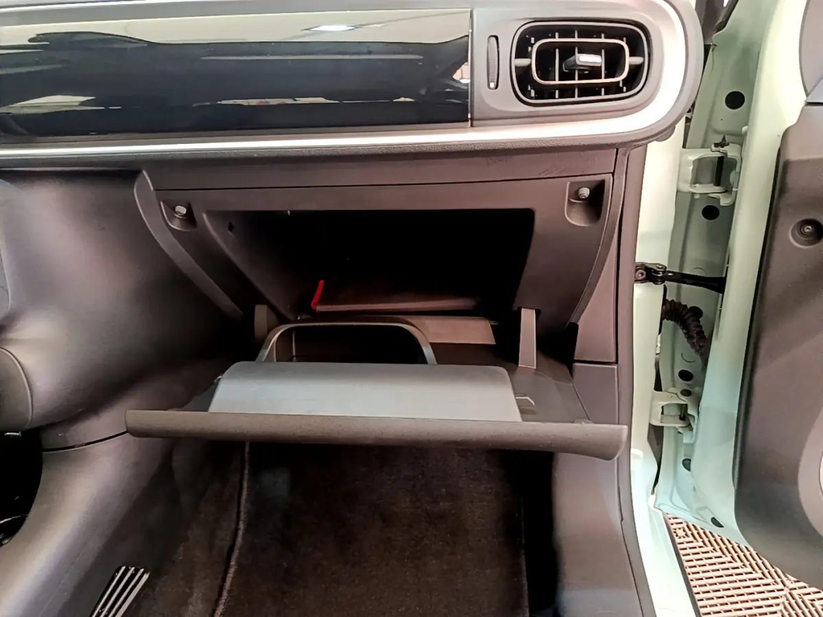 Vue rapprochée de la boîte à gants ouverte côté passager d'une Citroën C3 vert clair, tableau de bord noir brillant.