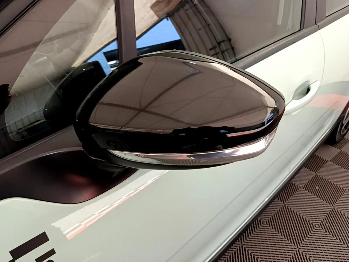 Rétroviseur côté gauche noir brillant avec clignotant intégré sur Citroën C3 vert vue rapprochée.