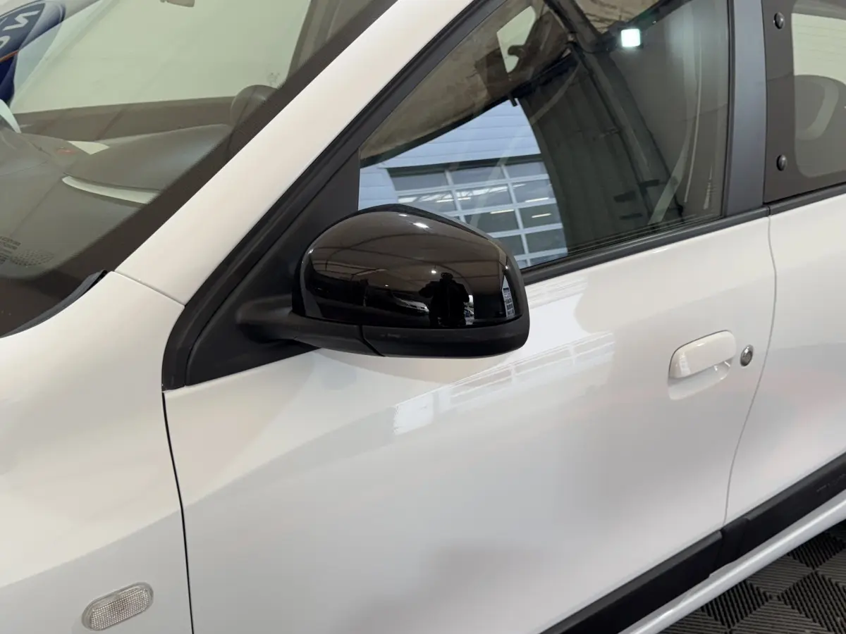 Zoom sur la portière côté gauche d'une Renault Twingo blanche avec rétroviseur noir brillant et poignée intégrée.