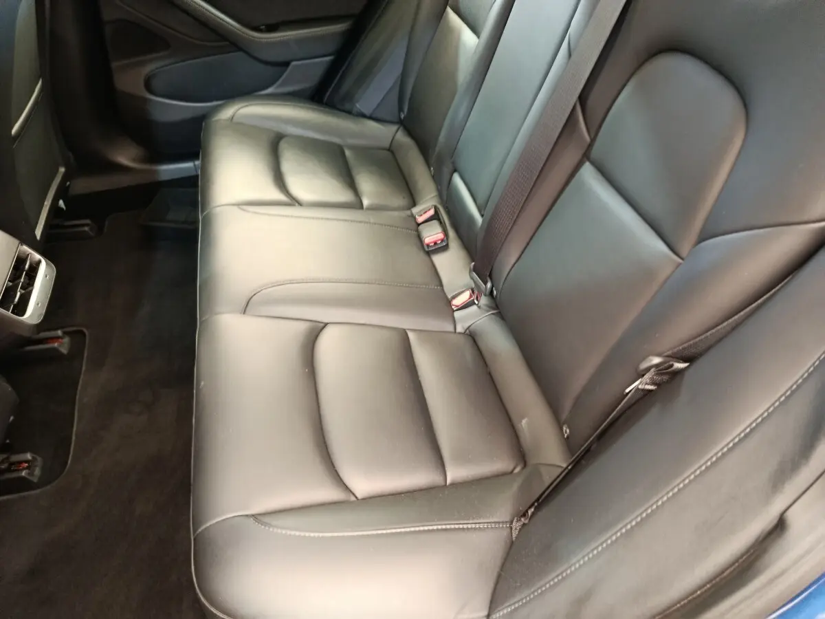 Vue intérieure côté droit sur la banquette arrière en cuir noir du Tesla Model 3 Long Range 2020, avec ceinture de sécurité visible.
