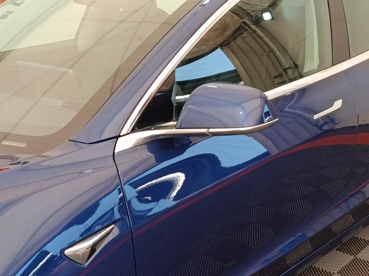 Détail du côté gauche bleu brillant d'une Tesla Model 3 2020 avec rétroviseur et poignée de porte visibles.