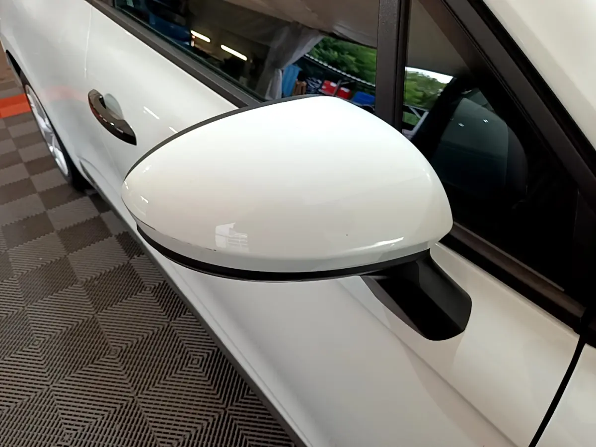 Rétroviseur côté gauche blanc de la Renault Clio Business 2021, avec poignée de porte assortie visible en arrière-plan.