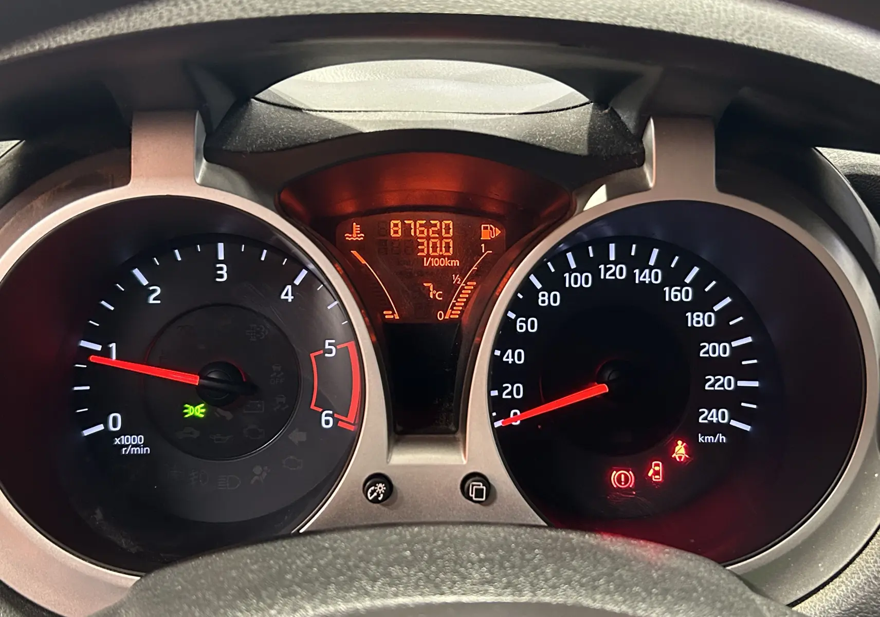 Gros plan sur le tableau de bord du Nissan Juke noir métal, affichant le compteur et l'ordinateur de bord allumé.