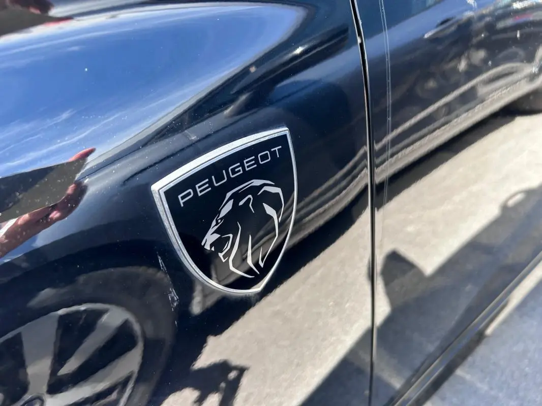 Gros plan sur l'écusson Peugeot noir sur la porte avant gauche d'une 308 SW PHEV 225 e-EAT8 GT noire brillante.