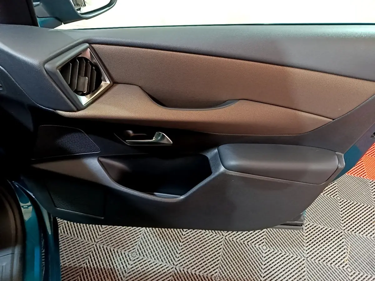 Intérieur côté gauche de la porte d’une DS3 Crossback bleu 2020, avec garniture marron et noire et poignée argentée.