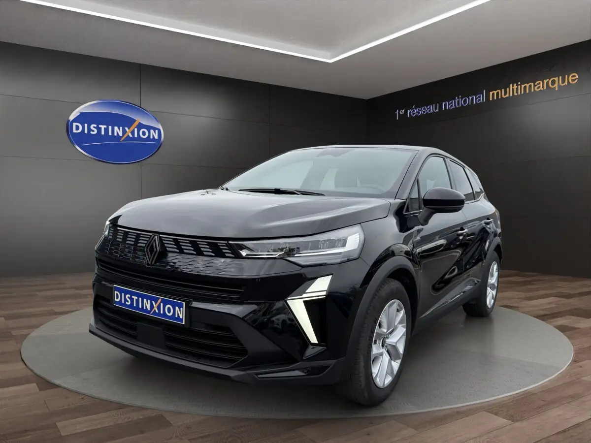 Renault Symbioz noir en 3/4 avant droit, avec calandre noire et feux LED distinctifs en forme de V.