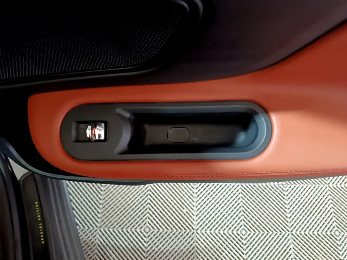 Poignée intérieure de porte en cuir marron avec bouton chrome sur MINI Countryman Cooper SE 2021.