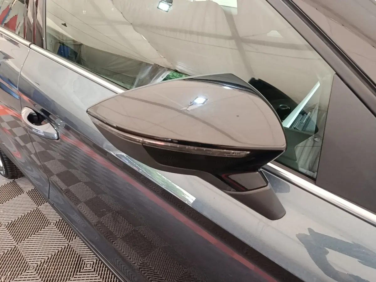 Gros plan sur le rétroviseur droit gris clair d’un SEAT Arona 2019, avec poignée de porte visible en arrière-plan.