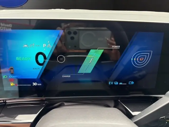 Affichage numérique du combiné d'instruments du Renault Austral hybride, montrant l'état ECO et la vitesse à 0 km/h.